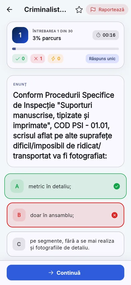 O grilă verificată: varianta corectă marcată, explicația dedesubt