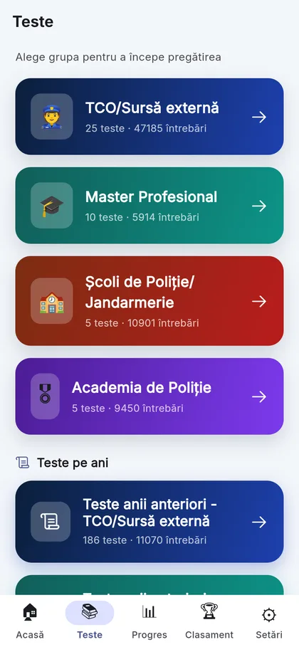 Cele patru concursuri din aplicație: TCO/Sursă externă, Master, Școli de Poliție/Jandarmerie și Academia